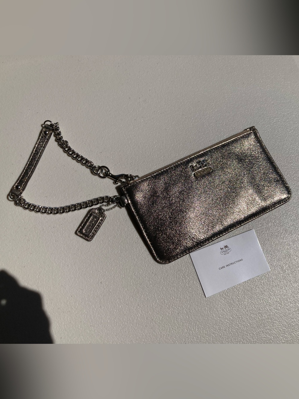 Coach Metallic Silver Leather Wristlet Silver Chain Hardware Liquid Metal Clutch
